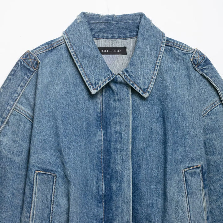 Women's Cropped Denim Jacket with Epaulettes, Concealed Button Placket, and Boxy Silhouette Mune Fashion