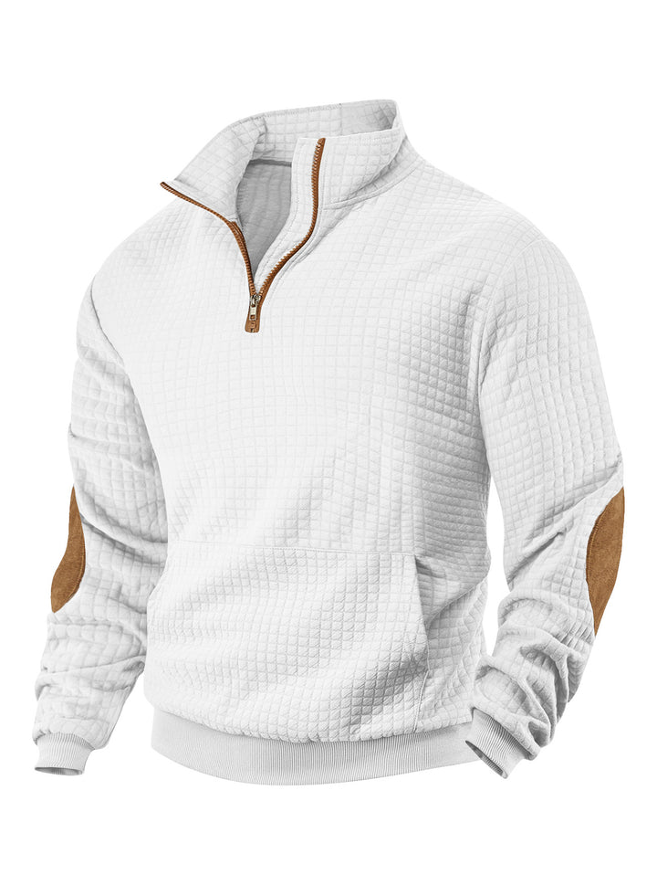Men's waffle texture half-zip with stand-up collar, kangaroo pocket, and suede look elbow patches Mune Fashion