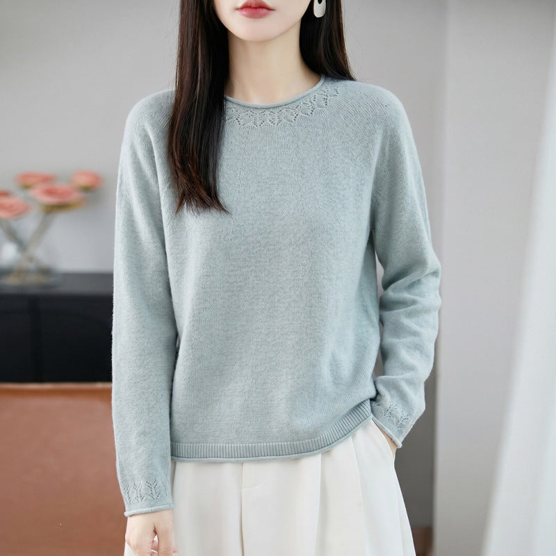 Women Lightweight Fine Knit Round Neck Sweater with Openwork Detail and Casual Silhouette Mune Fashion