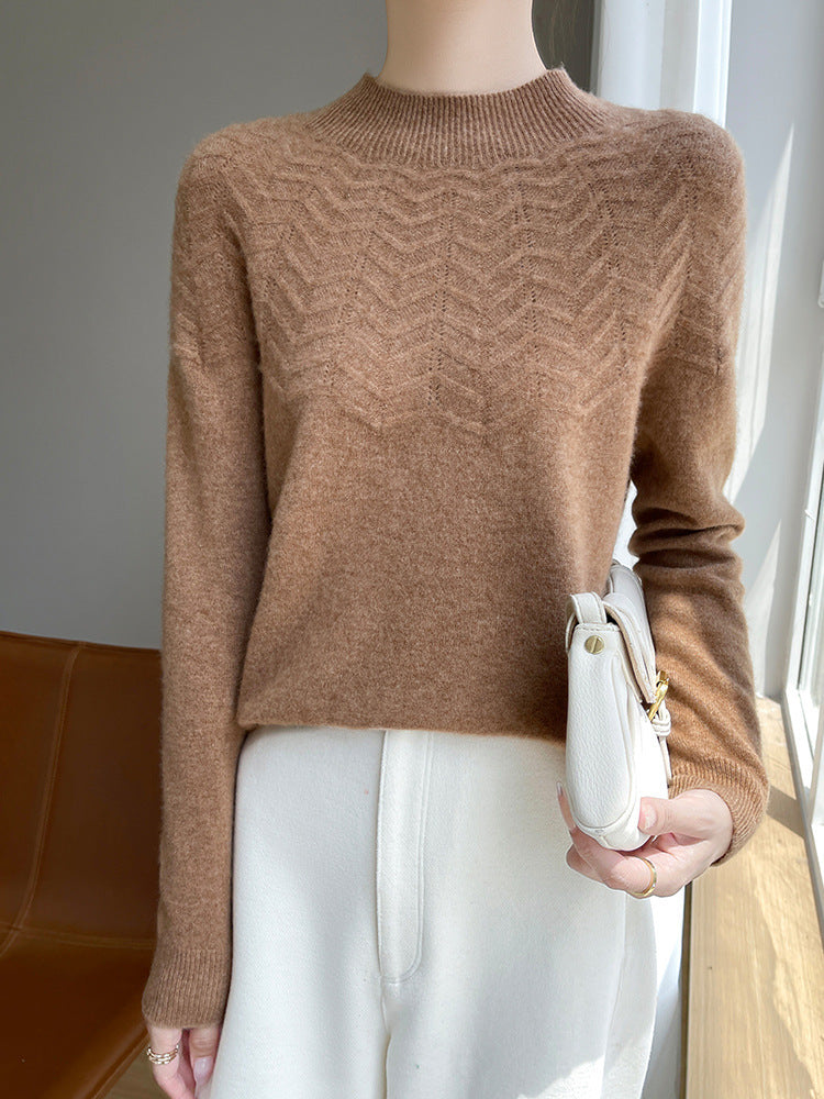 Women's Soft Fine Knit Mock Neck Sweater with Chevron Ajour and Cashmere Look Mune Fashion