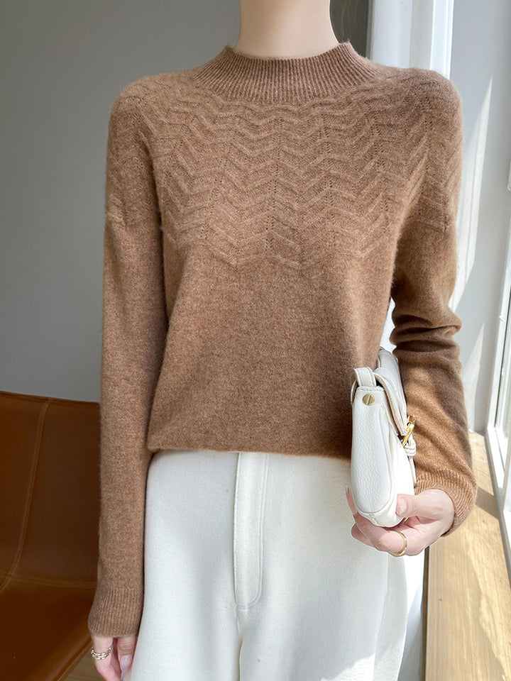 Women's Soft Fine Knit Mock Neck Sweater with Chevron Ajour and Cashmere Look Mune Fashion