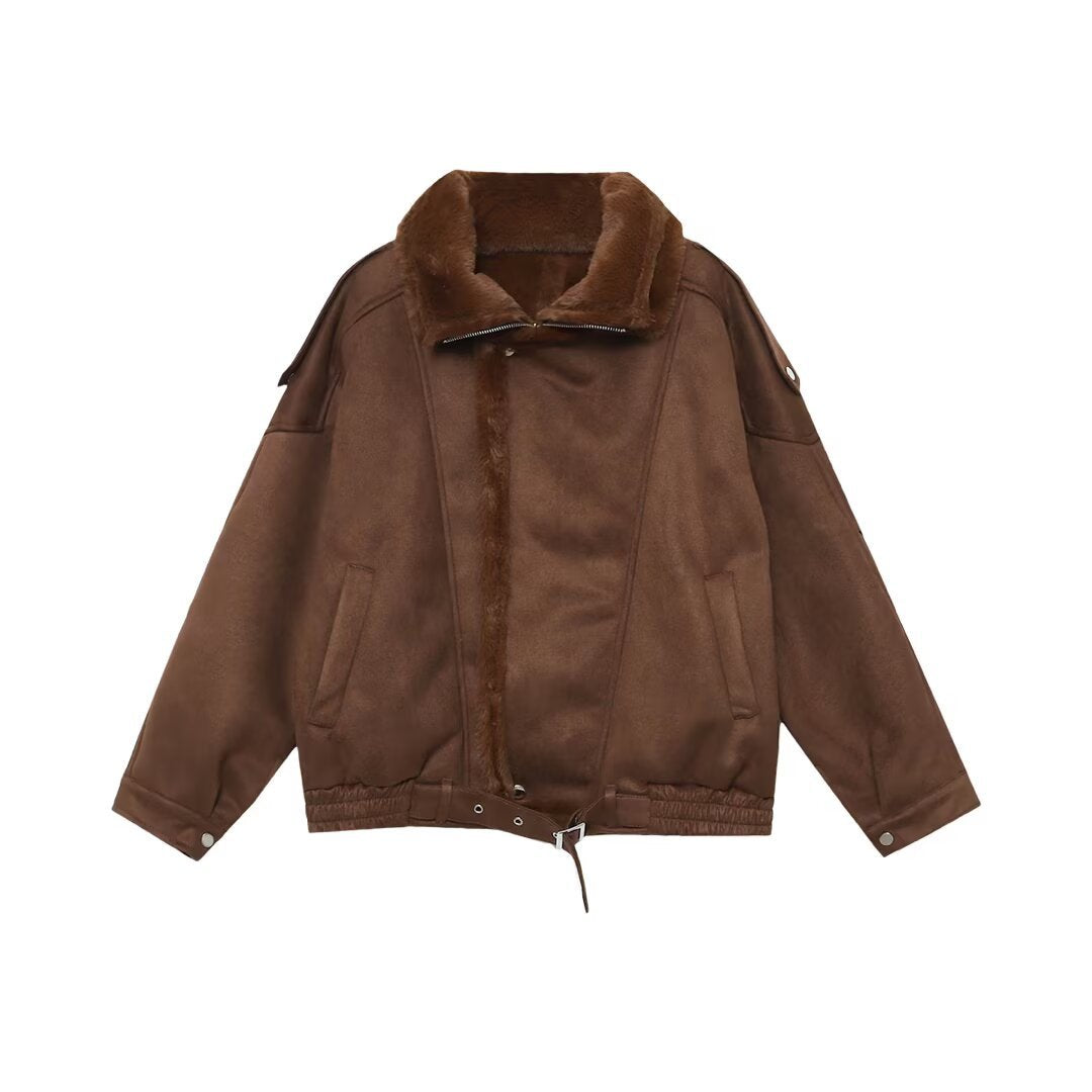 Women's Oversized Aviator Jacket with Teddy Lining, Stand Collar and Waist Belt Mune Fashion