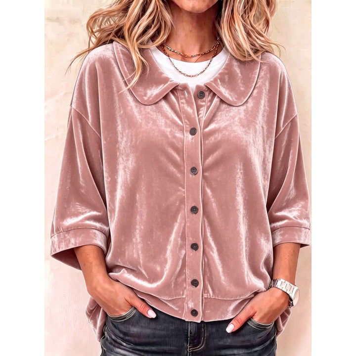 Women's Velvet Button-Down Blouse with Rounded Collar Mune Fashion
