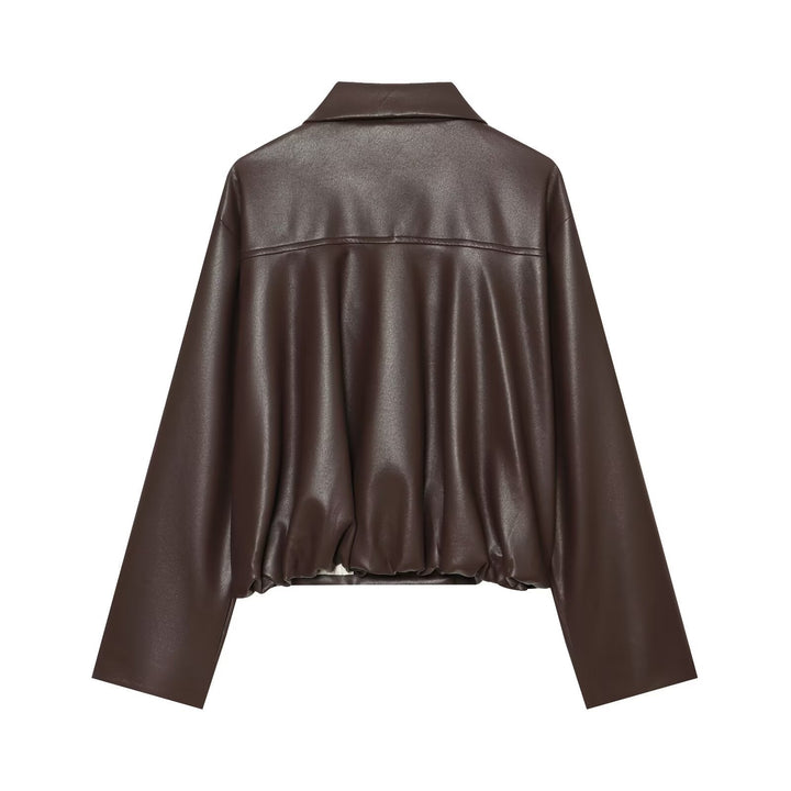Women's short cut double-breasted faux leather jacket with wide shirt collar Mune Fashion