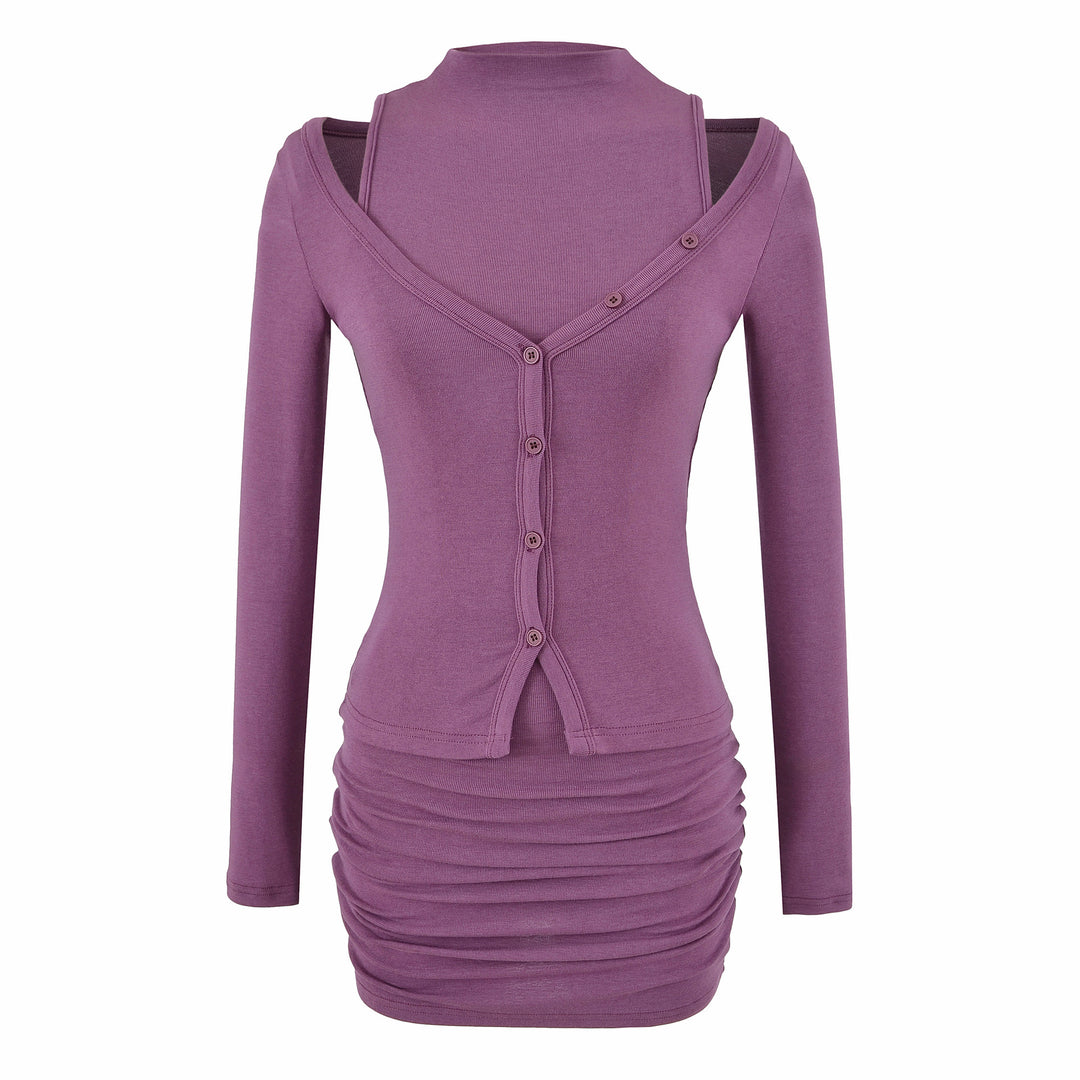 Ladies two-piece knit set with integrated high neck vest and asymmetric button cardigan Mune Fashion