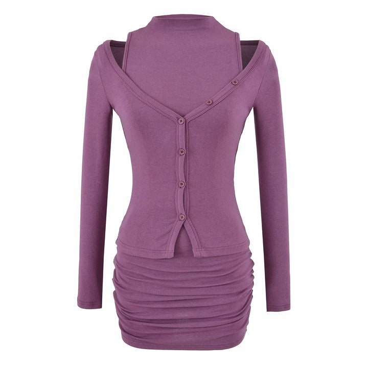 Ladies two-piece knit set with integrated high neck vest and asymmetric button cardigan Mune Fashion