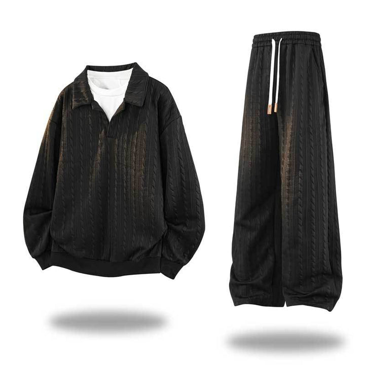 Men's Oversized Structured Lounge Set with Polo Collar, Cable Knit Look & Wide Leg Mune Fashion