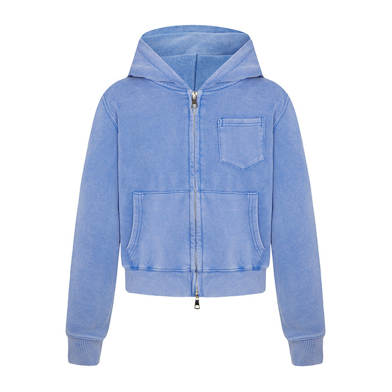 Ladies short-cut hooded zip jacket made of garment-dyed cotton fleece with chest pocket Mune Fashion