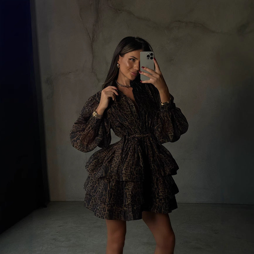 Women Transparent Ruffle Mini Dress with Shirt Collar, Balloon Sleeves and Waist Belt Mune Fashion