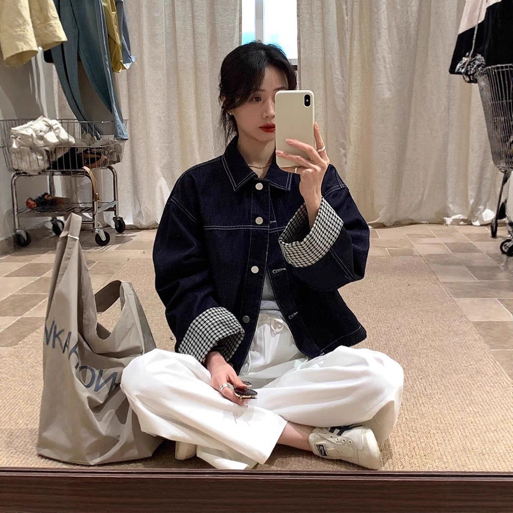 Women Oversized Denim Jacket with Contrasting Check Lining and Cuff Roll Mune Fashion