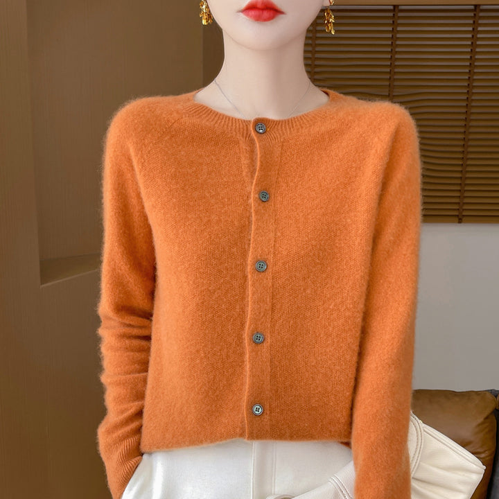 Ladies Cozy Short Cardigan made of Mohair Mix with fine virgin wool texture and mother-of-pearl button placket Mune Fashion
