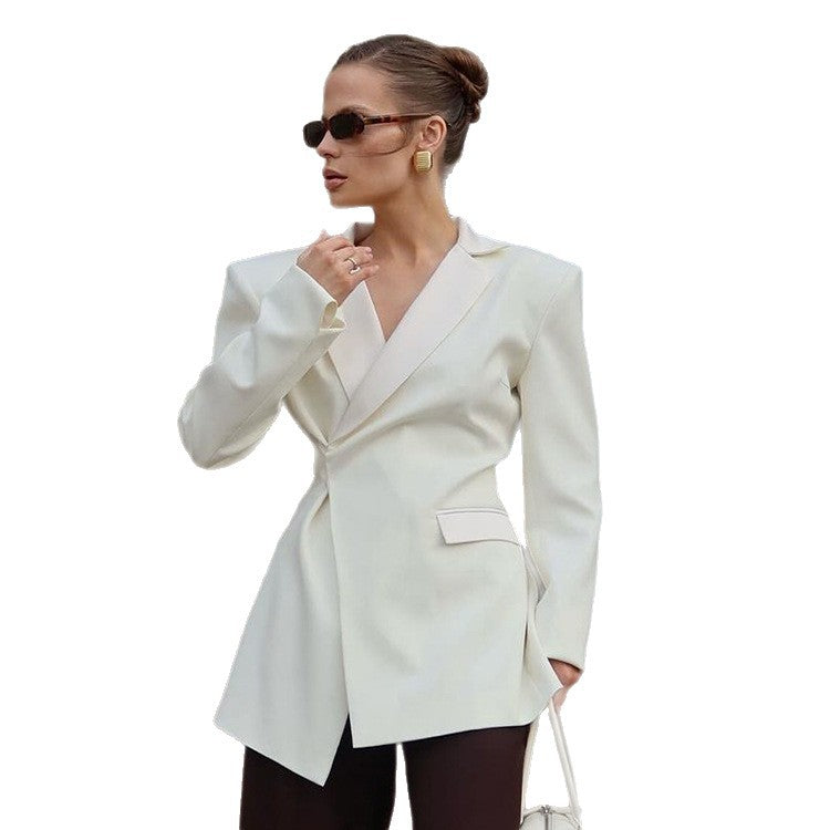 Women Sculptural Tailored Blazer with Asymmetric Front and Accentuated Shoulder Mune Fashion