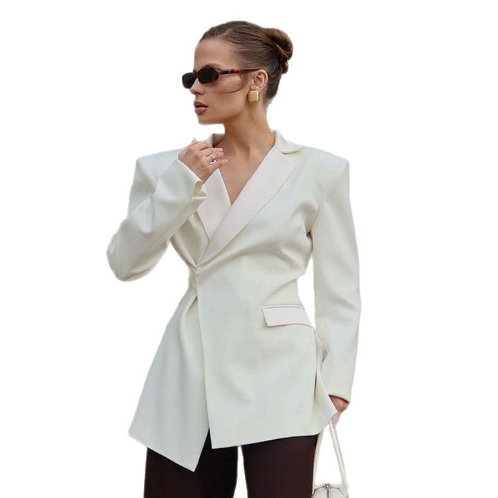 Women Sculptural Tailored Blazer with Asymmetric Front and Accentuated Shoulder Mune Fashion