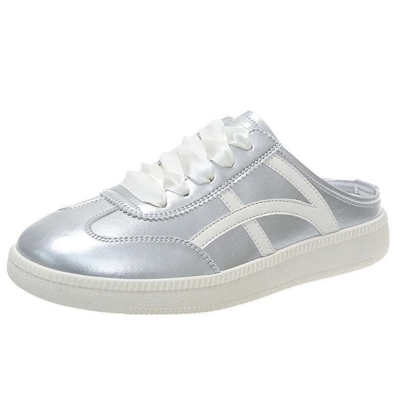 Women's Satin Lace-Up Mule Sneakers with Open Heel and Metallic Look Mune Fashion
