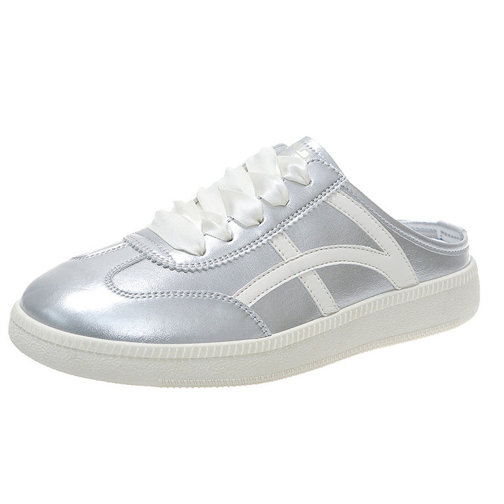 Women's Satin Lace-Up Mule Sneakers with Open Heel and Metallic Look Mune Fashion