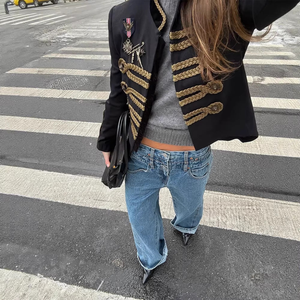 Women Short Military Inspired Parade Jacket with Gold Cord Decoration Mune Fashion