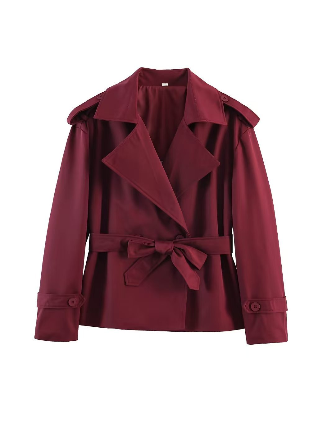 Women's Tailored Cropped Trench Coat with Wide Lapels, Belt and Epaulettes Mune Fashion