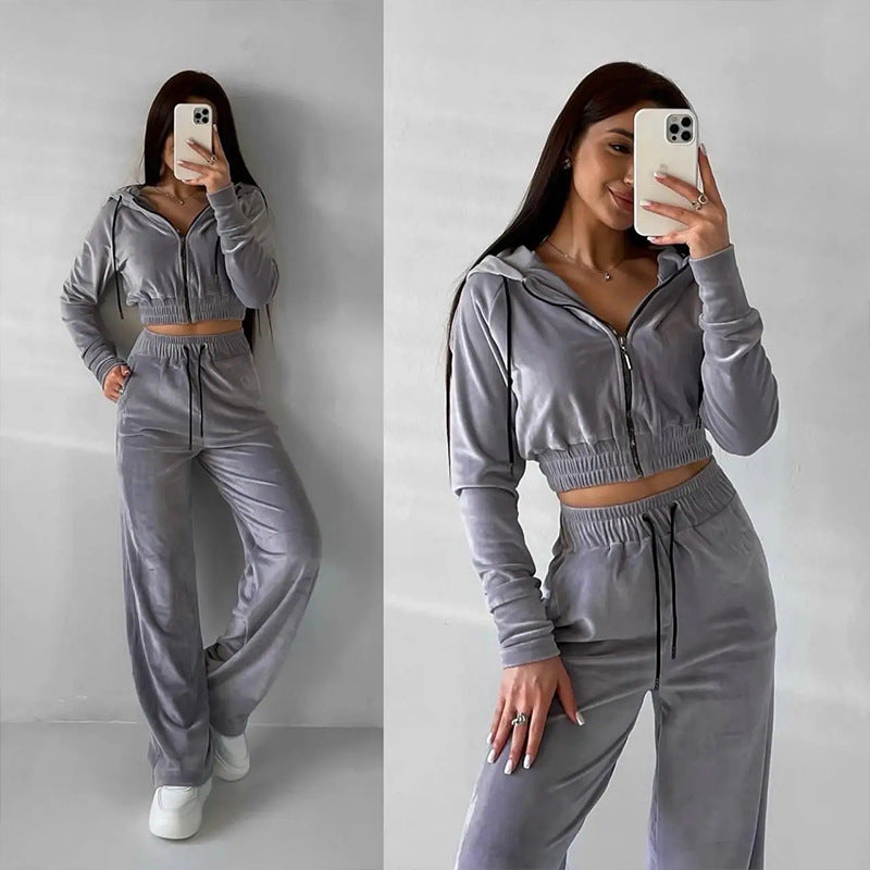 Women's Velvet Loungewear Set with Cropped Zip Hoodie and Wide Palazzo Pants Mune Fashion