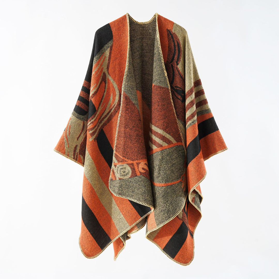 Women's Ruana wrap in coarse wool blend with graphic block design and overlock hem Mune Fashion