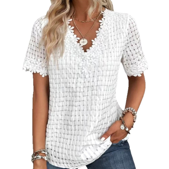 Women's lightweight structured shirt with check mesh, decorative lace trim at the V-neck and short sleeve hems Mune Fashion