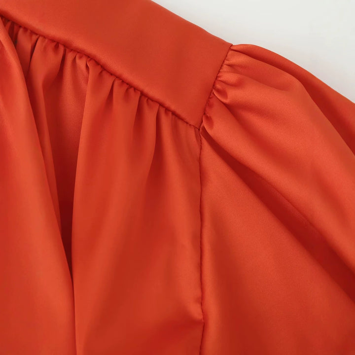 Women Silk-like Bow Blouse with Gathered Shoulder Yoke and Balloon Sleeves Mune Fashion