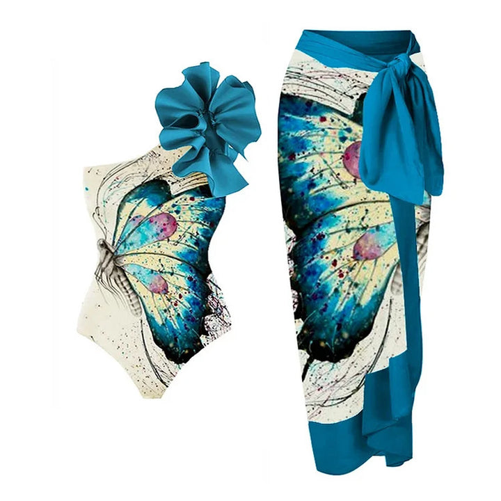 Women One-Sided Swimsuit with Eye-Catching Butterfly Motif and Voluminous Ruffle Element Mune Fashion