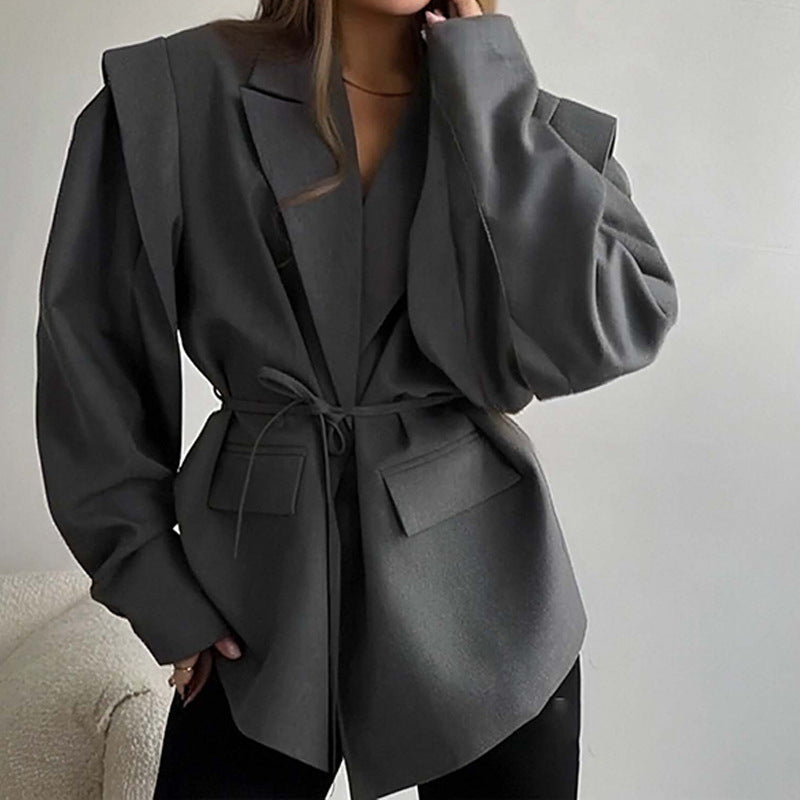 Ladies tailored blazer with tie belt and oversized sleeves Mune Fashion