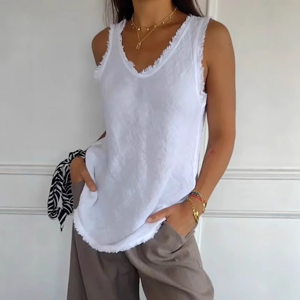 Women's casual linen look tank top with frayed hem U-neck and loose hip length Mune Fashion