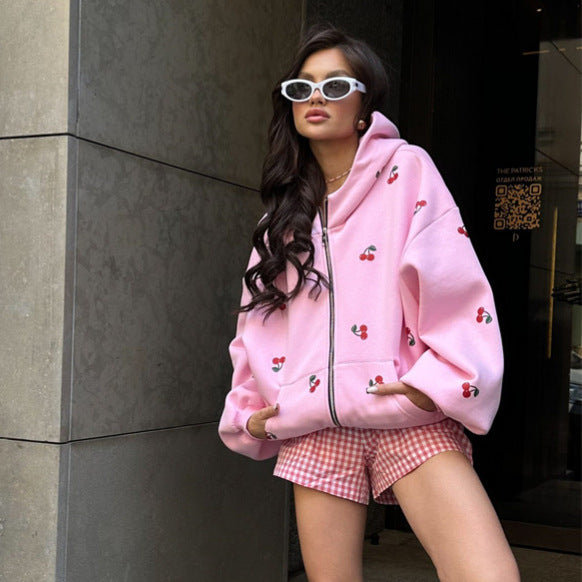Women's playful hooded zip pullover with cherry print and oversized fit Mune Fashion