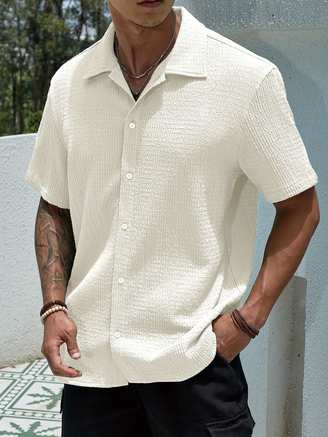 Men's casually cut shirt made of crinkled cotton blend with Kent collar Mune Fashion