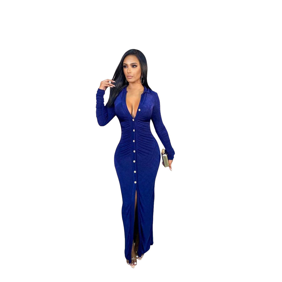 Women's Figure-Hugging Maxi Dress with Button Placket, Gathered Detail and Deep V-Neck