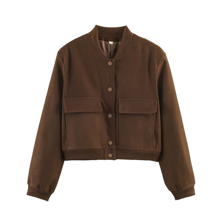 Women's short bomber jacket with snap button front, applied flap pockets and ribbed hem Mune Fashion