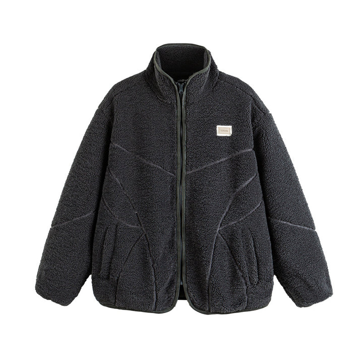 Unisex Teddy-Fleece-Bomber Jacket with Stand Collar and Geometric Seam Design Mune Fashion