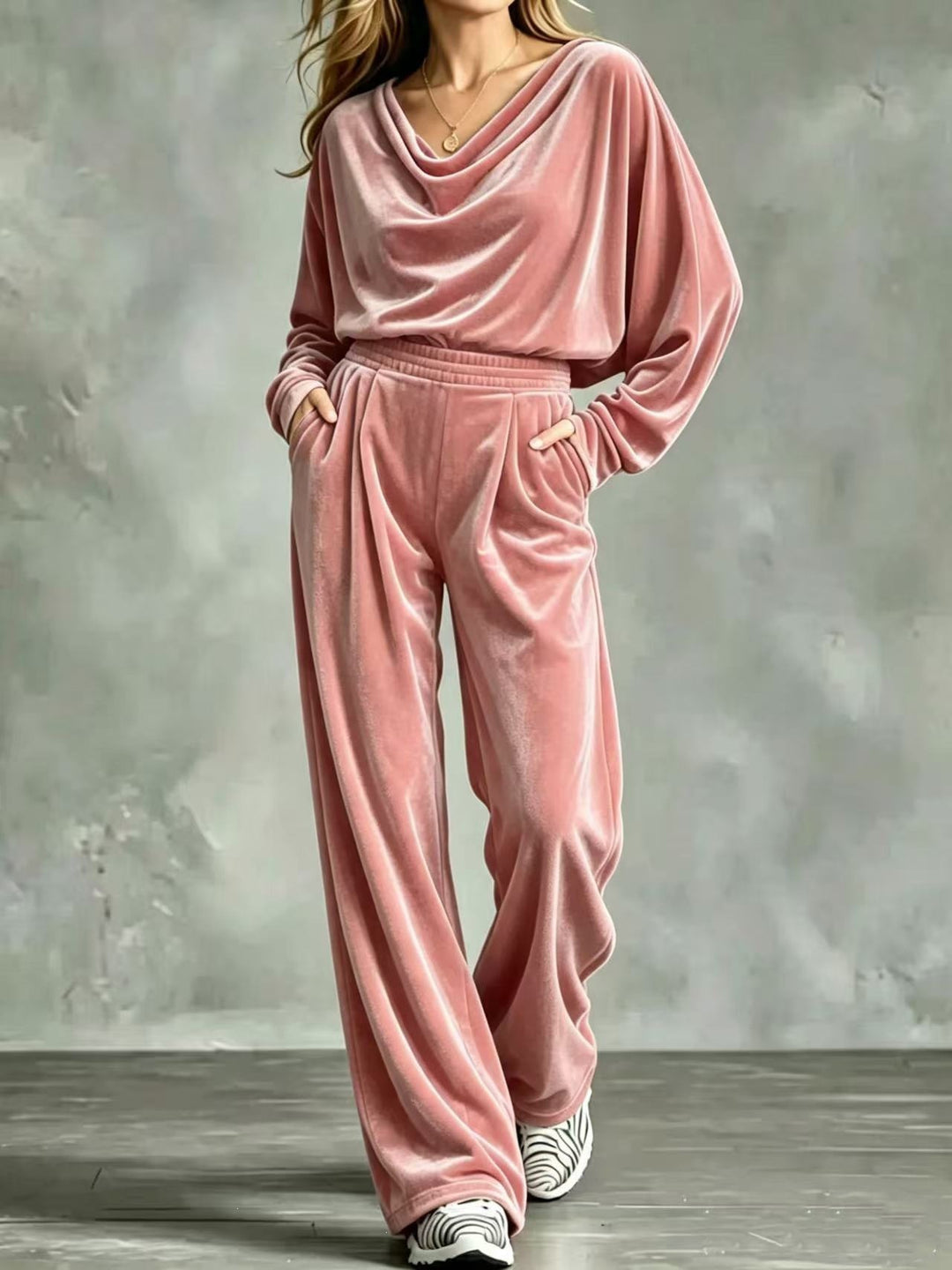 Women's Velvet Loungewear Set with Waterfall Collar, Wide Palazzo Cut and Insert Pockets Mune Fashion