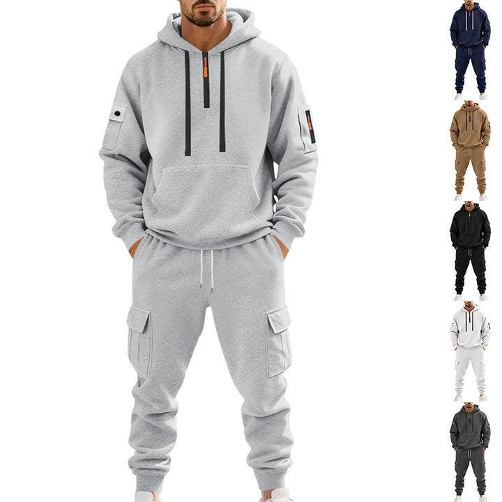Men's two-piece utility casual set hoodie with half-high zipper, arm pocket, and cargo jogging pants with flap pockets Mune Fashion
