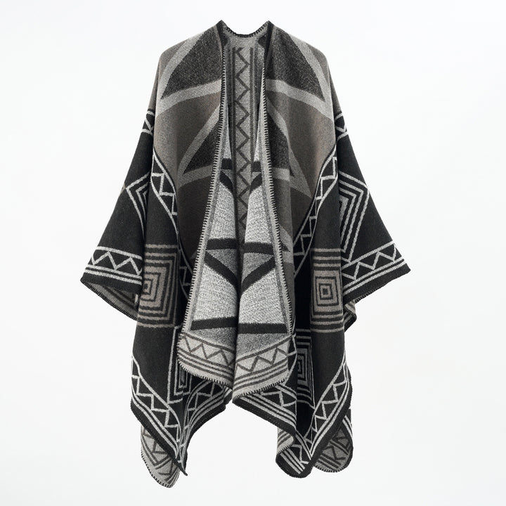 Women Geometric Wool Blend Overthrow Poncho with Overlock Edge Mune Fashion