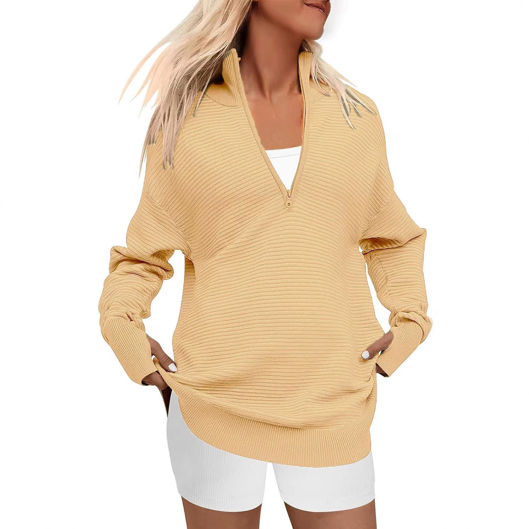 Ladies Oversized Fine Knit Sweater with Half Zipper, Stand Collar and Thumb Hole Sleeves Mune Fashion