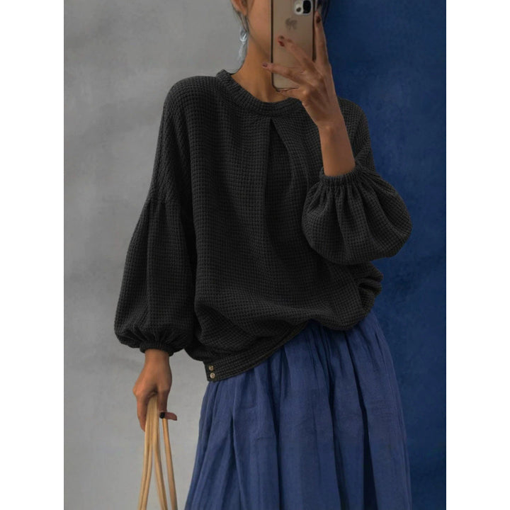 Women Oversize Waffle Knit Sweater with Balloon Sleeves and Pleat Mune Fashion