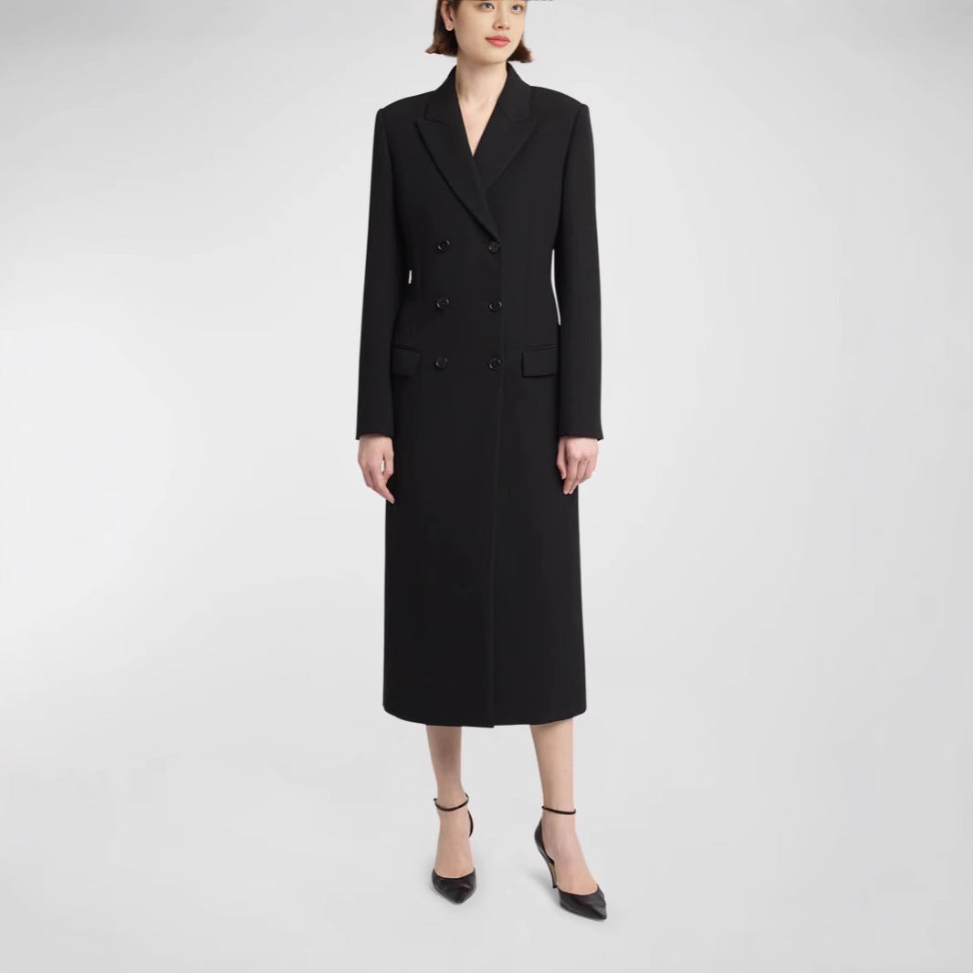 Women Mid-length Double-breasted Blazer Coat with Structured Shoulder and Slim Fit Mune Fashion