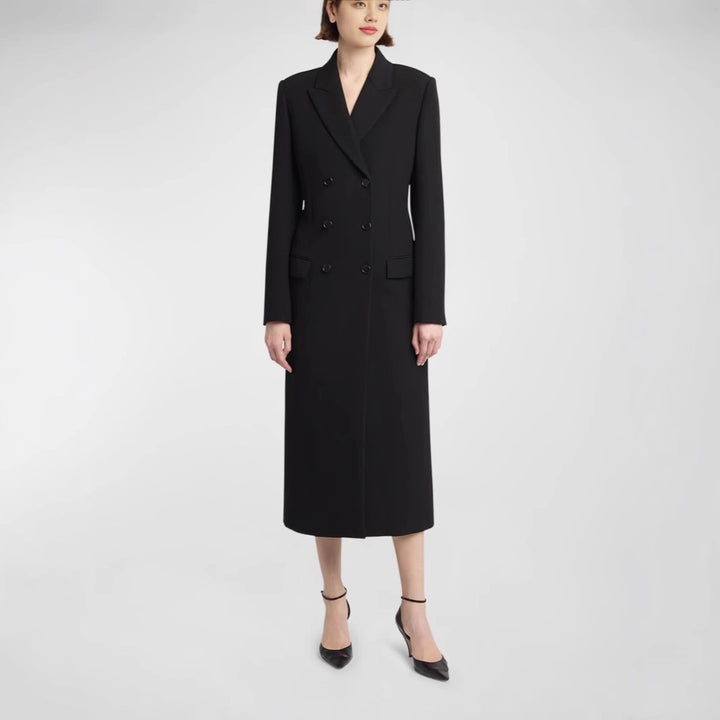 Women Mid-length Double-breasted Blazer Coat with Structured Shoulder and Slim Fit Mune Fashion