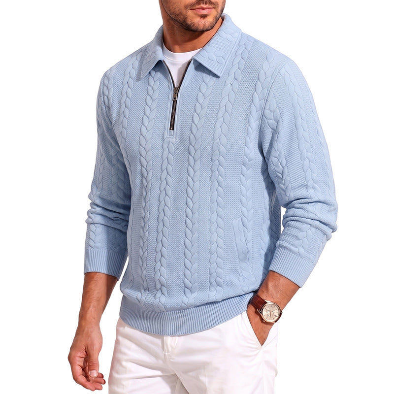 Men's polo collar knit sweater with cable structure and half zip Mune Fashion