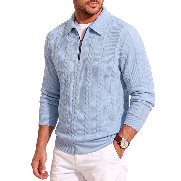 Men's polo collar knit sweater with cable structure and half zip Mune Fashion