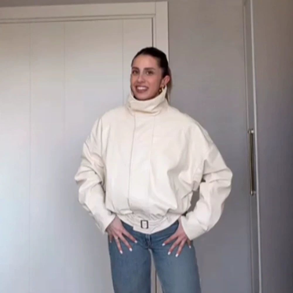 Women Oversize Short Jacket with High Standing Collar, Padded Silhouette and Adjustable Belt Mune Fashion