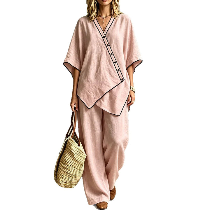 Women's Asymmetric Tunic Loungewear Set with Diagonal Button Placket and Wide Palazzo Pants Drune
