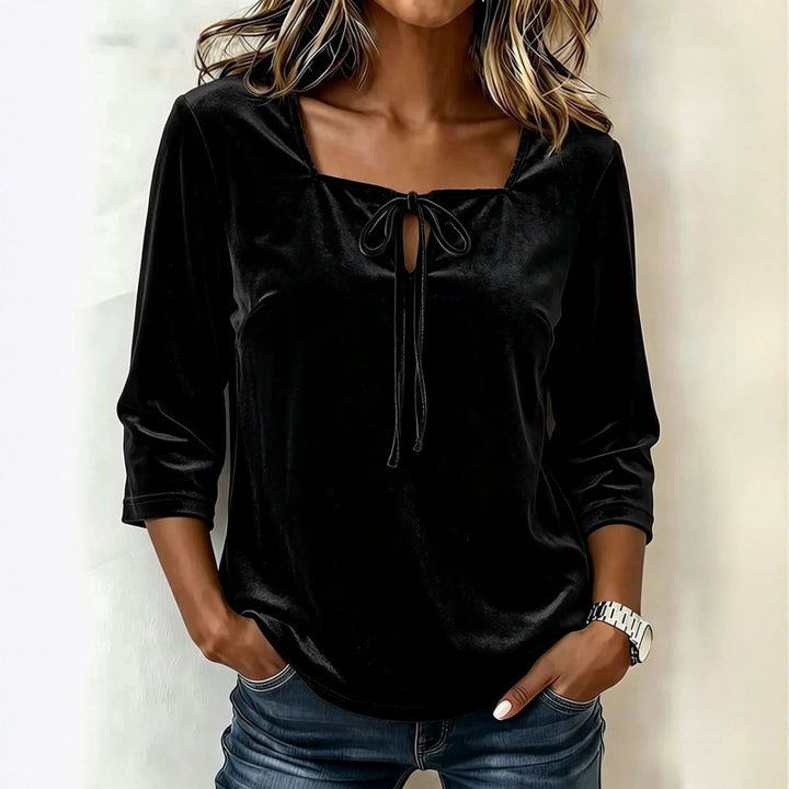 Ladies velvet blouse with square neckline, drawstring and three-quarter sleeves Mune Fashion