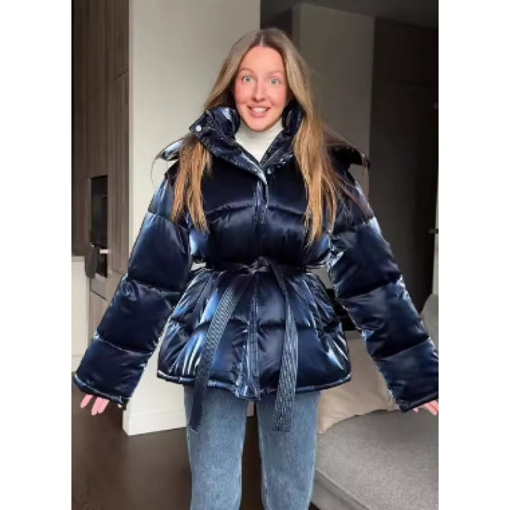 Women's Quilted Winter Jacket with Waist Drawstring and High Stand-Up Collar Mune Fashion