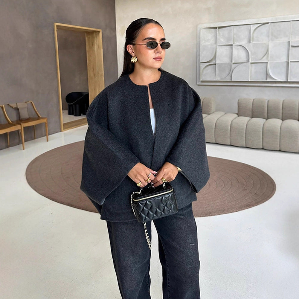 Women's Short Wool Blend Cape Jacket with Oversized Trumpet Sleeves Mune Fashion