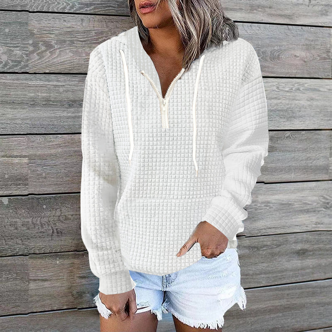 Women's waffle texture hoodie with half zip, kangaroo pocket, and casual oversized cut Mune Fashion