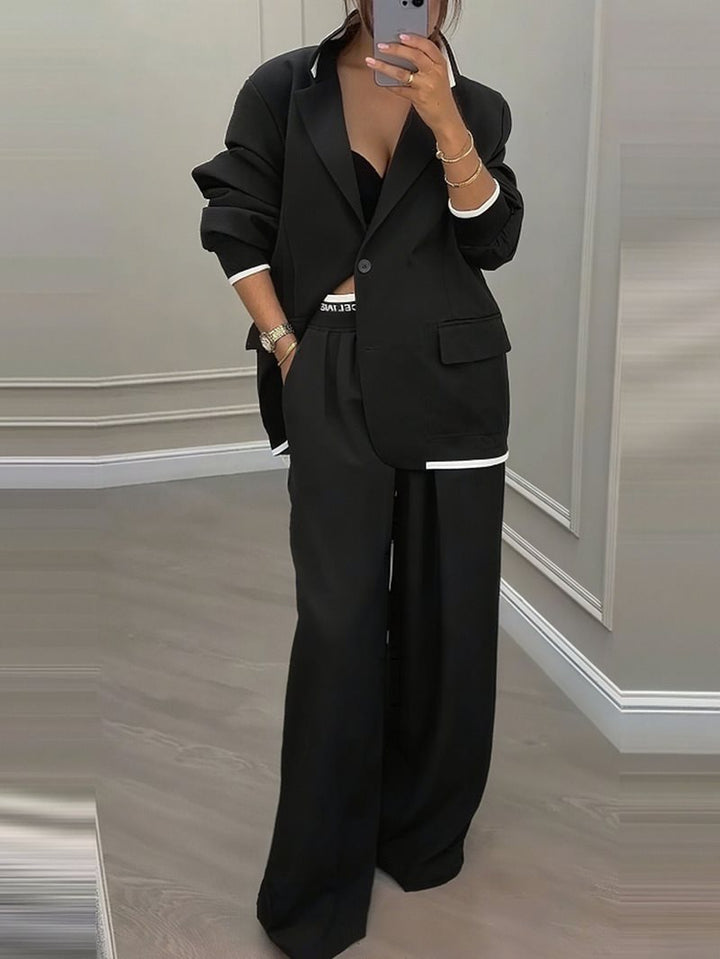 Women Oversized Blazer with Contrast Trim and High-Waist Palazzo Pants Two-Piece Set Mune Fashion