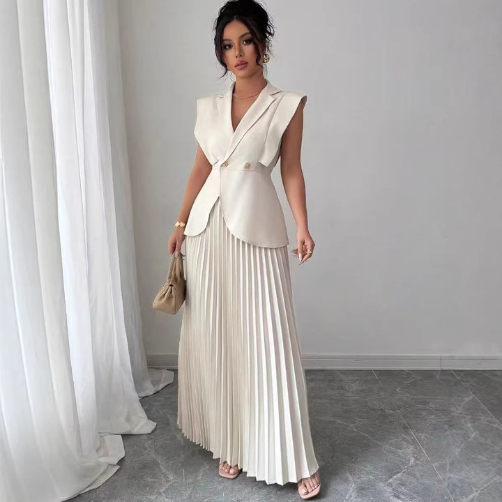 Women’s sleeveless fitted blazer set with pleated maxi skirt Mune Fashion